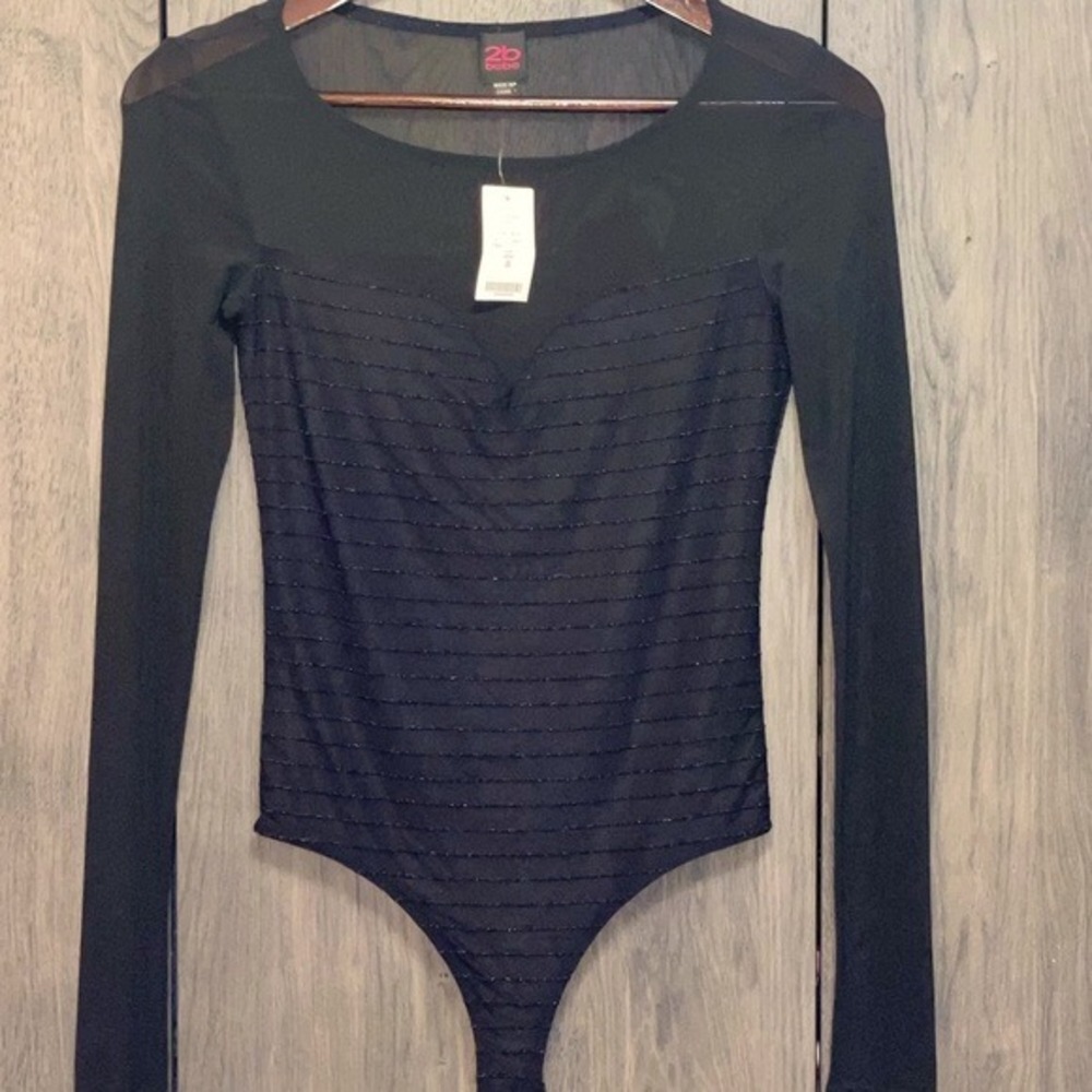 2b Bebe Women Black Mesh Long Sleeve‎ Bodice Glitter Stripe Thong Bodysuit NWT S